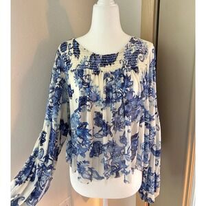 Free People Blue Floral Chiffon Peasant Top Whimsy Fairy Boho Cottagecore